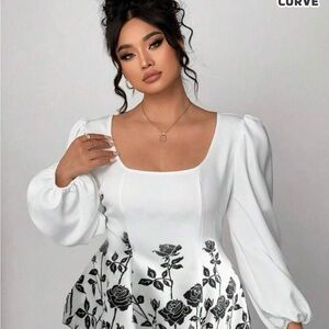 White Blouse with Black Floral Design